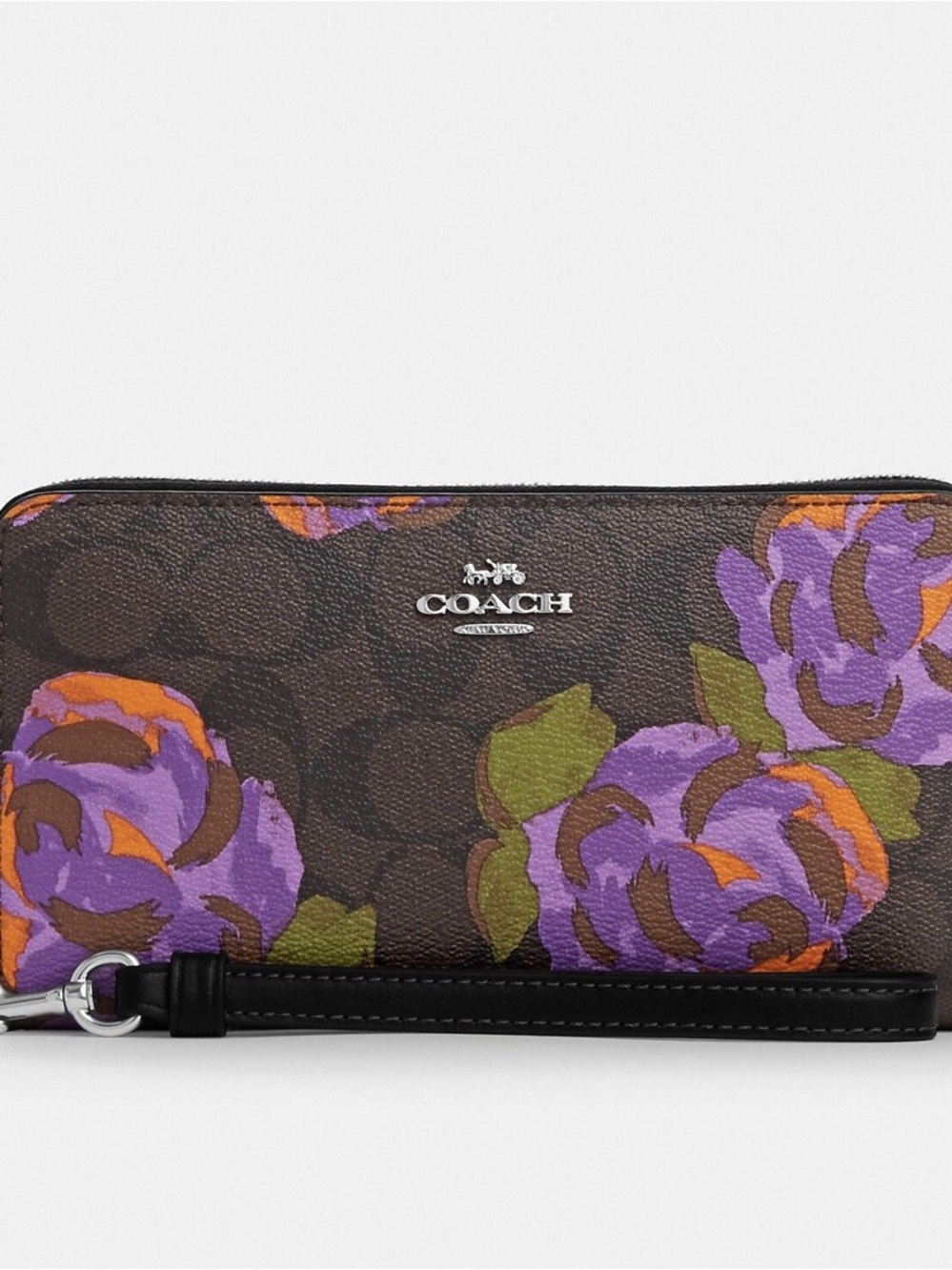 Coach Brown Signature Floral Wristlet with Purple & Orange Blooms